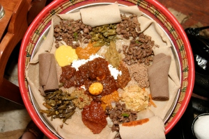 Traditonal meal: Injera, Doro Wot, Shiro, Beef Tibs, Lentils, Kitfo (raw beef!) and lots more!